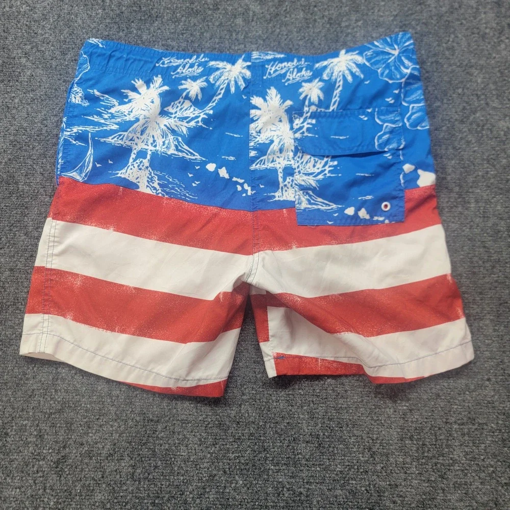 Arizona Jean Co Mens Medium Swim Trunks American Flag Honolulu Aloha Blue Red